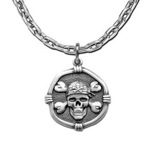 Pirate Skull Necklace - Sterling Silver Medallion Pendant with Chain